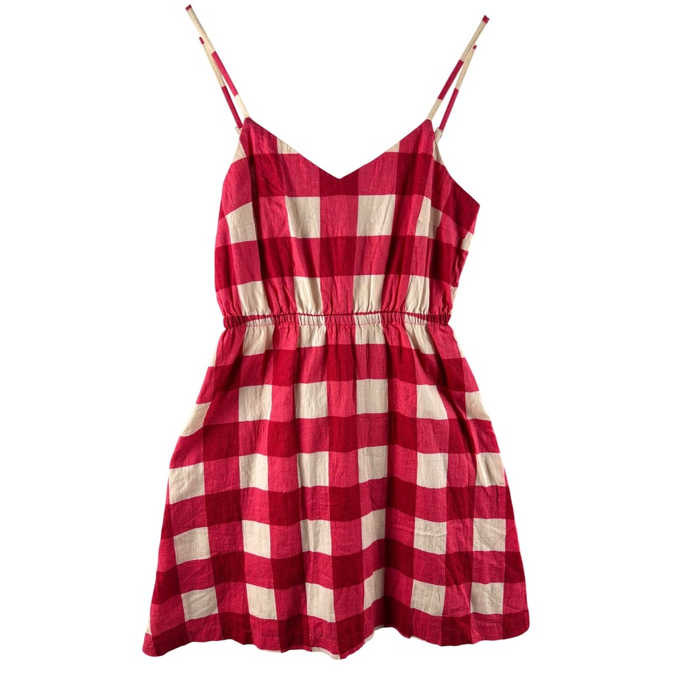 GAP Mia Gingham Mini Dress XS Red Pink Linen Cotton Blend Buffalo Check Summer